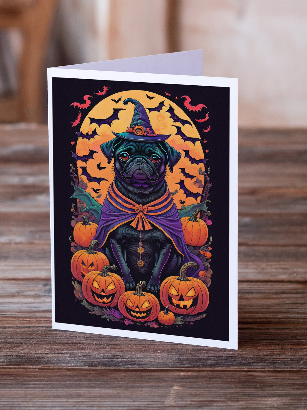 Black Pug Witchy Halloween Greeting Cards Pack of 8 Blank Cards with Envelopes Whimsical A7 Size 5x7