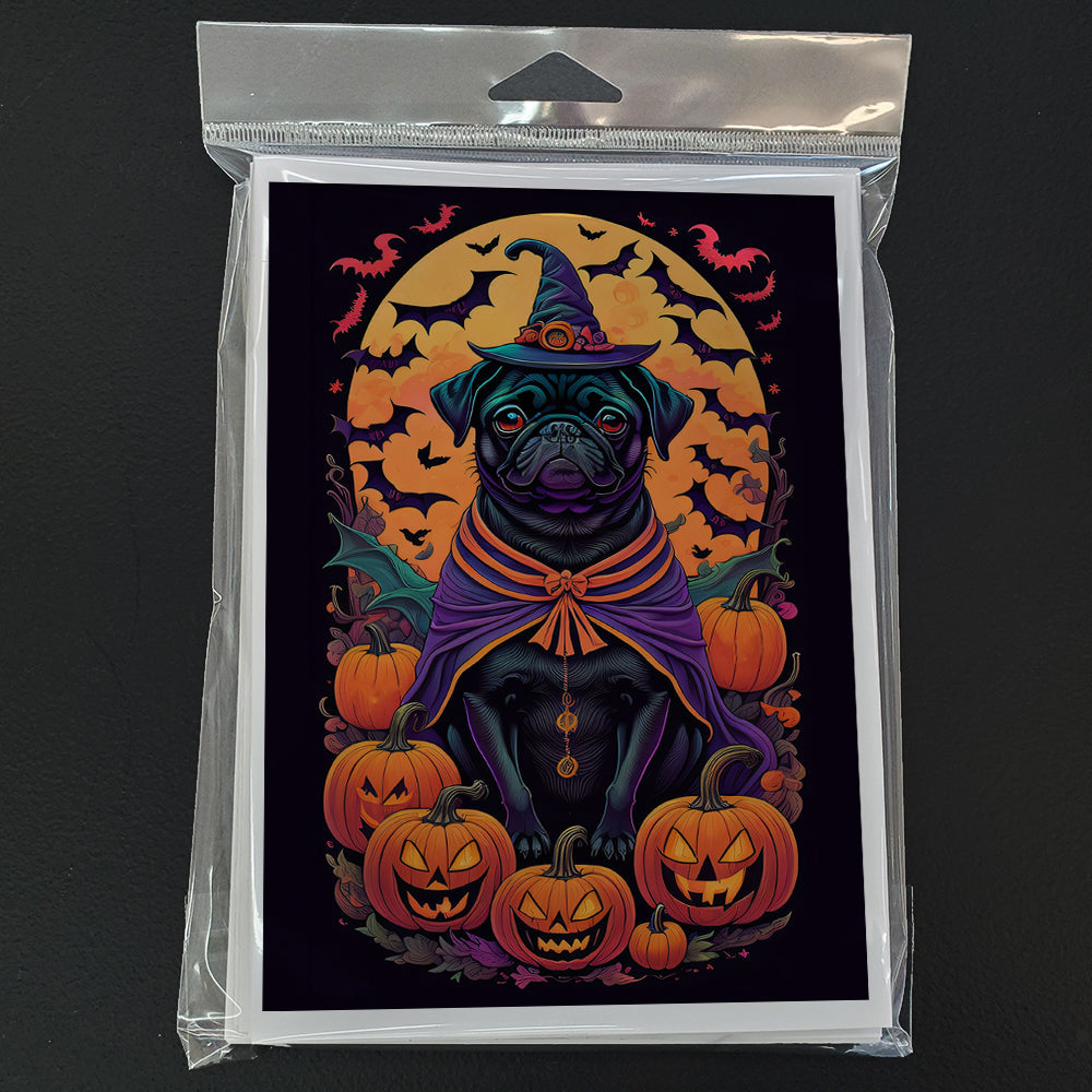Black Pug Witchy Halloween Greeting Cards Pack of 8 Blank Cards with Envelopes Whimsical A7 Size 5x7