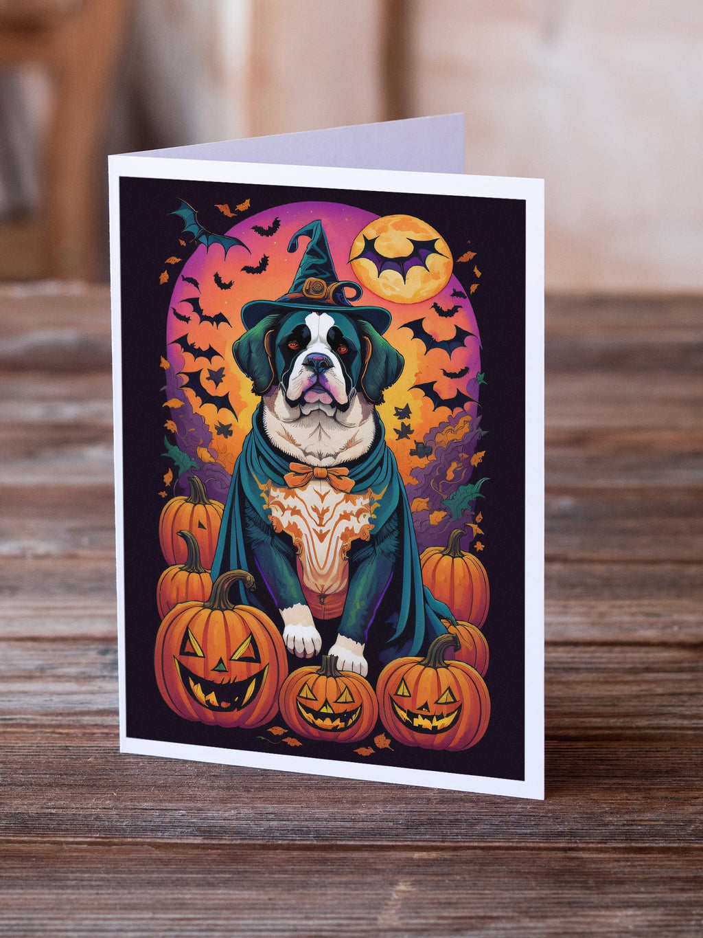 Saint Bernard Witchy Halloween Greeting Cards Pack of 8 Blank Cards with Envelopes Whimsical A7 Size 5x7