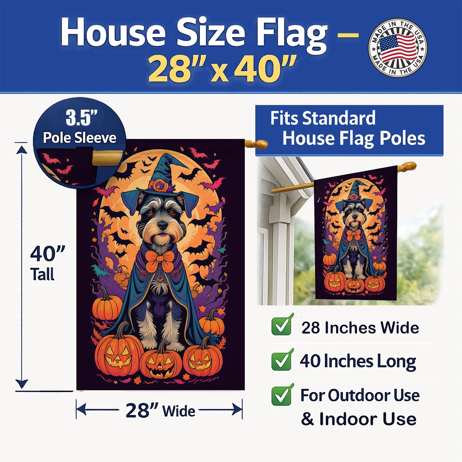 Schnauzer Witchy Halloween House Flag 28x40 Porch Sleeve Pole Decorative Outside Yard Banner Artwork Wall Hanging, Polyester