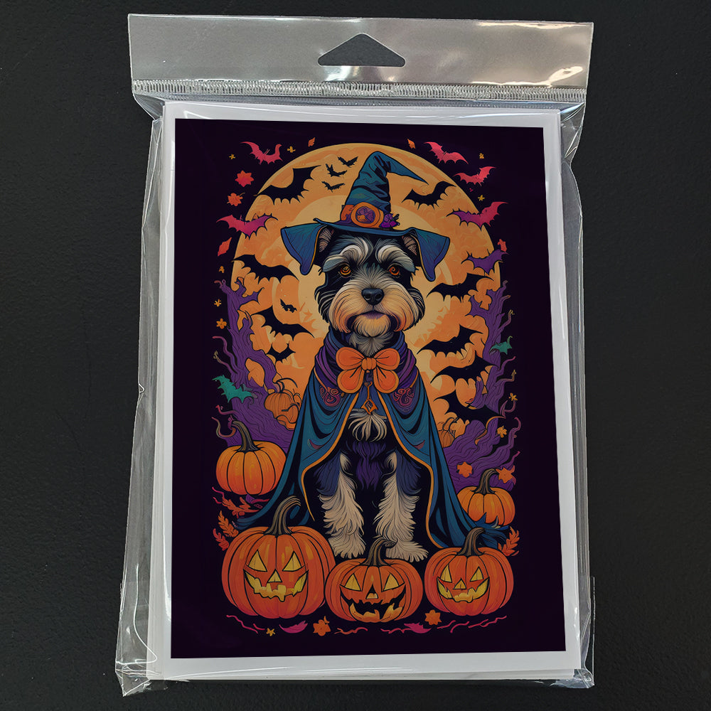 Schnauzer Witchy Halloween Greeting Cards Pack of 8 Blank Cards with Envelopes Whimsical A7 Size 5x7