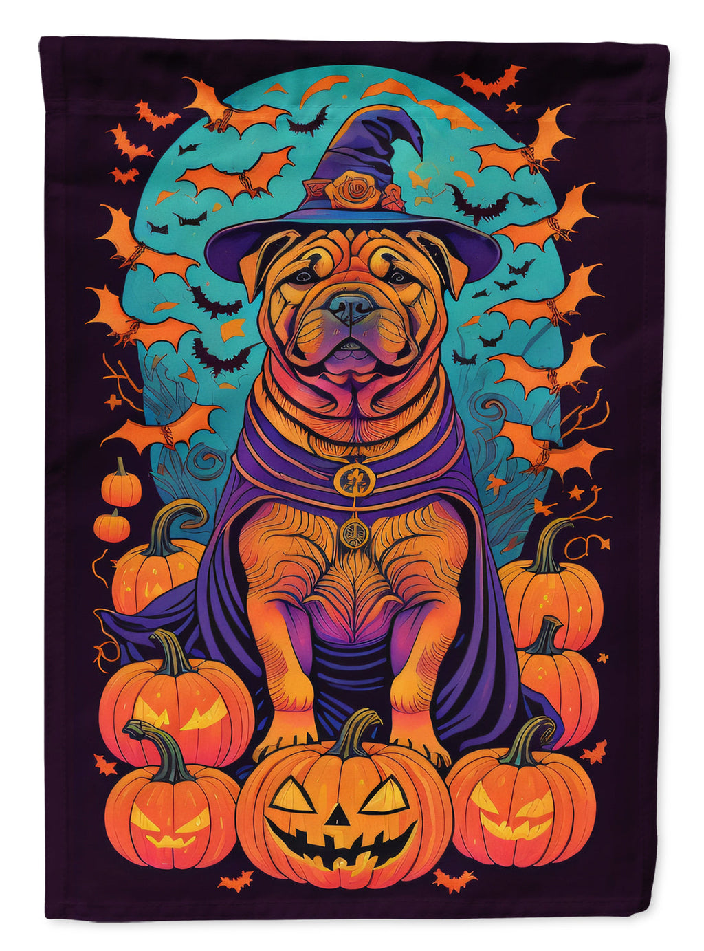 Shar Pei Witchy Halloween House Flag 28x40 Porch Sleeve Pole Decorative Outside Yard Banner Artwork Wall Hanging, Polyester