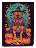 Shar Pei Witchy Halloween House Flag 28x40 Porch Sleeve Pole Decorative Outside Yard Banner Artwork Wall Hanging, Polyester