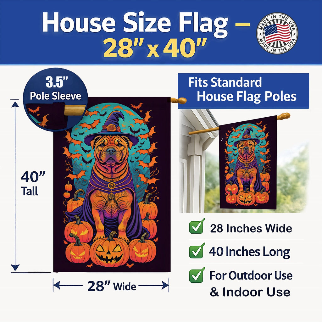 Shar Pei Witchy Halloween House Flag 28x40 Porch Sleeve Pole Decorative Outside Yard Banner Artwork Wall Hanging, Polyester