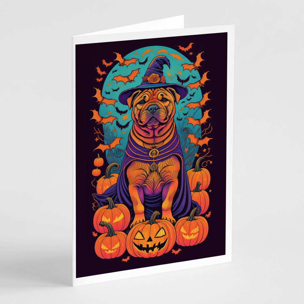 Shar Pei Witchy Halloween Greeting Cards Pack of 8 Blank Cards with Envelopes Whimsical A7 Size 5x7
