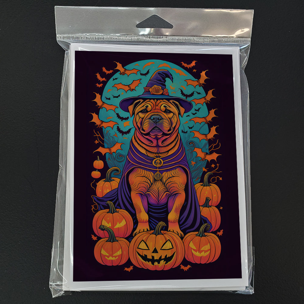 Shar Pei Witchy Halloween Greeting Cards Pack of 8 Blank Cards with Envelopes Whimsical A7 Size 5x7