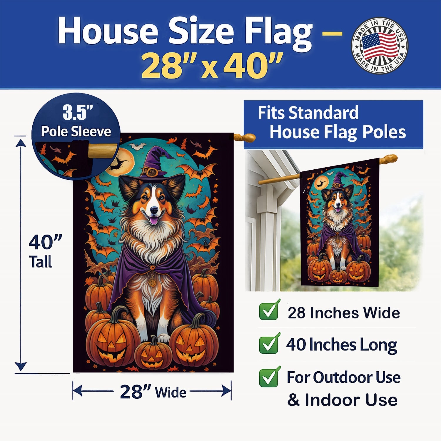 Sheltie Witchy Halloween House Flag 28x40 Porch Sleeve Pole Decorative Outside Yard Banner Artwork Wall Hanging, Polyester