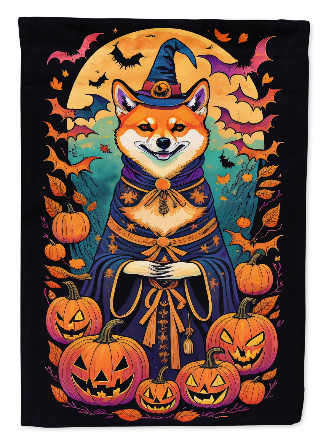 Shiba Inu Witchy Halloween House Flag 28x40 Porch Sleeve Pole Decorative Outside Yard Banner Artwork Wall Hanging, Polyester