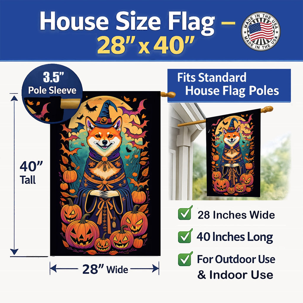 Shiba Inu Witchy Halloween House Flag 28x40 Porch Sleeve Pole Decorative Outside Yard Banner Artwork Wall Hanging, Polyester