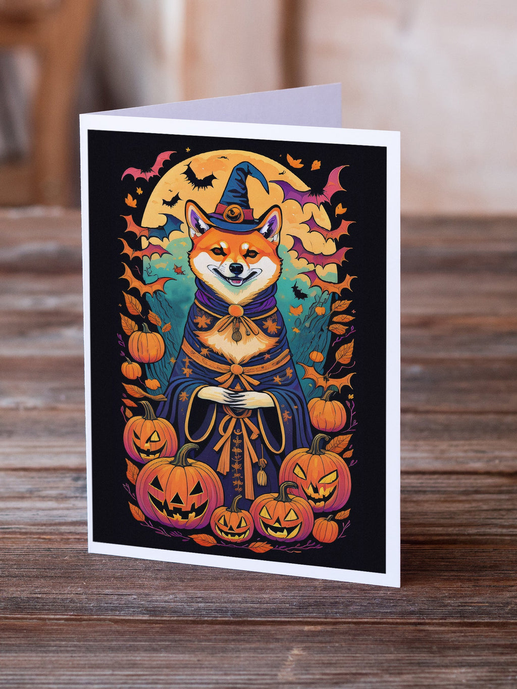 Shiba Inu Witchy Halloween Greeting Cards Pack of 8 Blank Cards with Envelopes Whimsical A7 Size 5x7