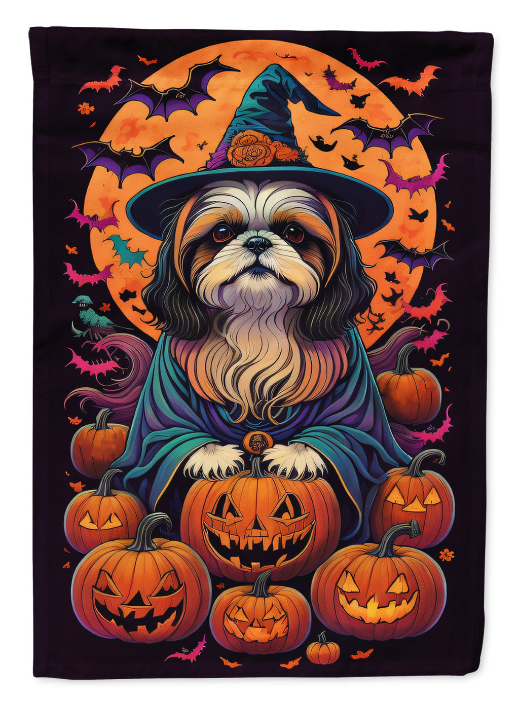 Shih Tzu Witchy Halloween House Flag 28x40 Porch Sleeve Pole Decorative Outside Yard Banner Artwork Wall Hanging, Polyester