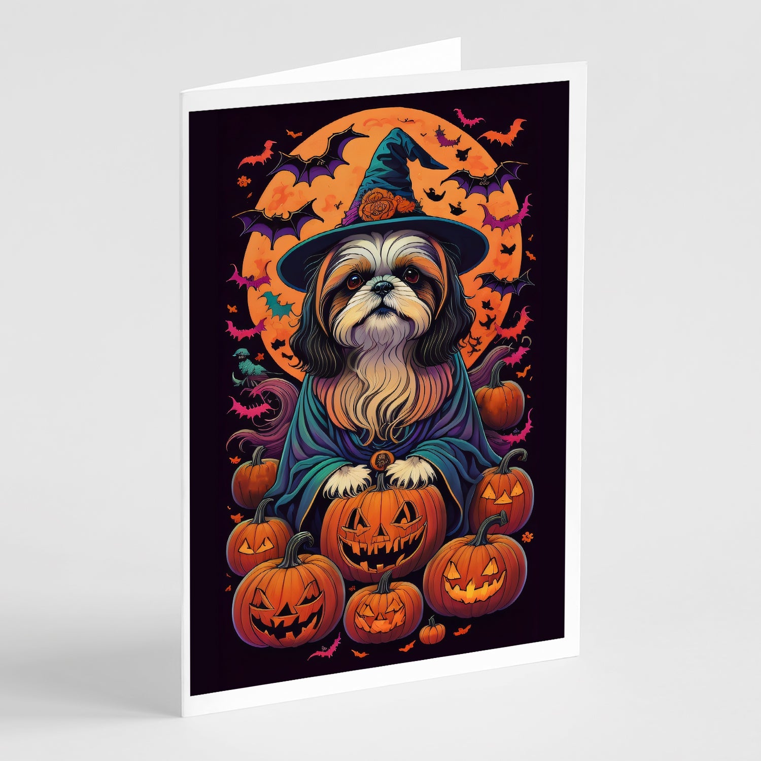 Shih Tzu Witchy Halloween Greeting Cards Pack of 8 Blank Cards with Envelopes Whimsical A7 Size 5x7