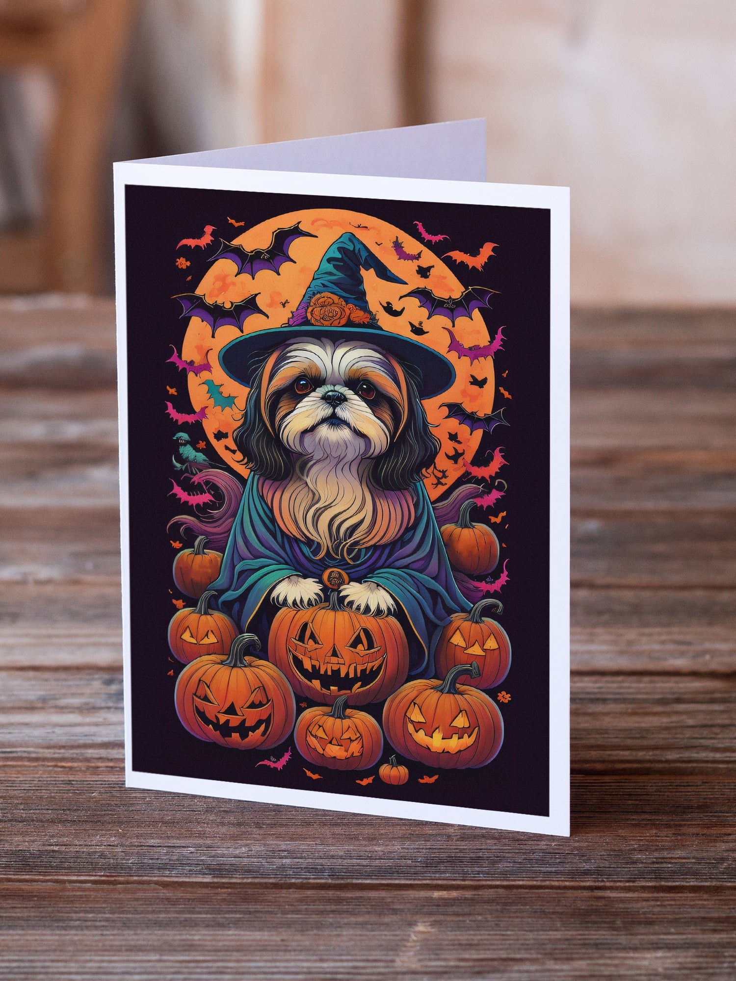 Shih Tzu Witchy Halloween Greeting Cards Pack of 8 Blank Cards with Envelopes Whimsical A7 Size 5x7