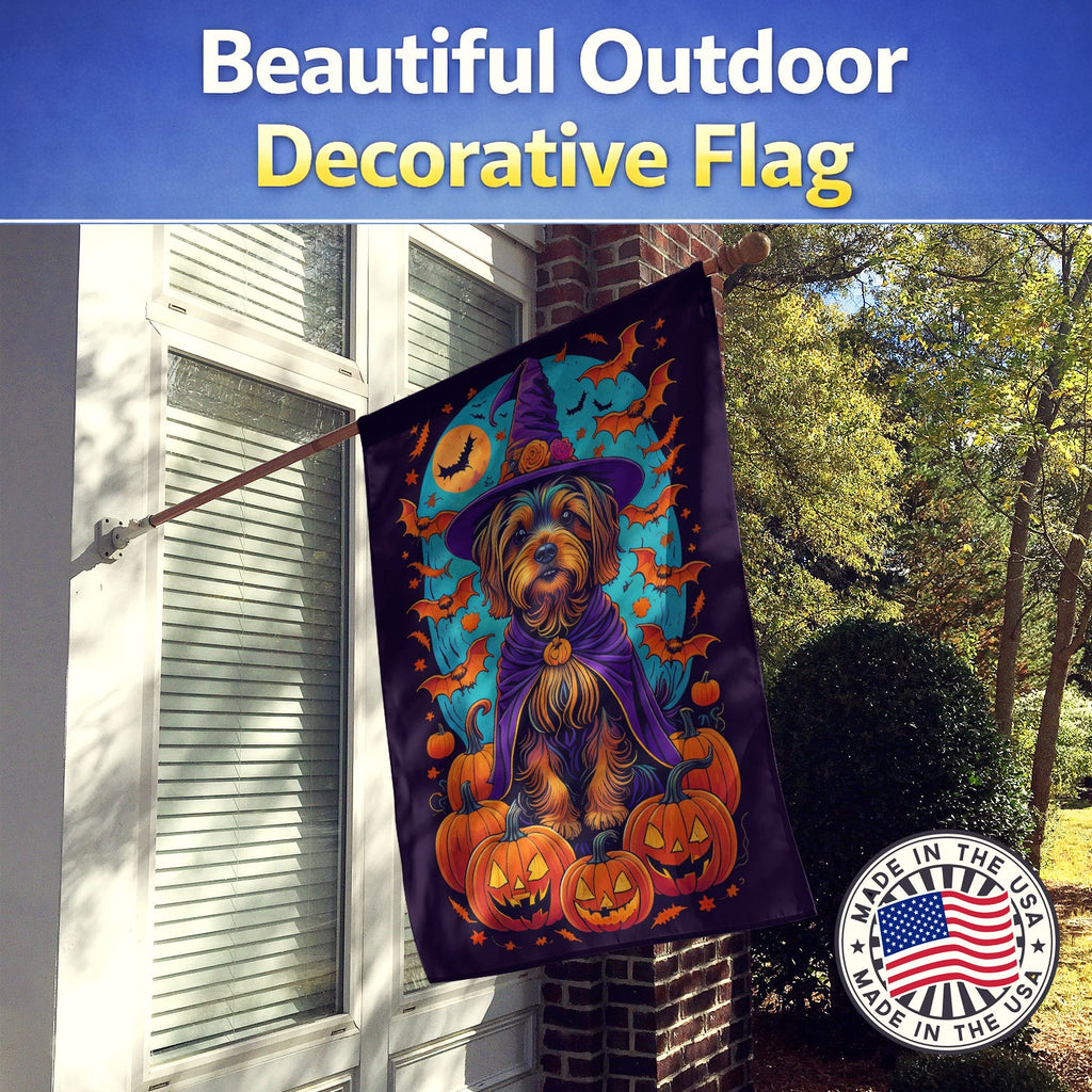 Silky Terrier Witchy Halloween House Flag 28x40 Porch Sleeve Pole Decorative Outside Yard Banner Artwork Wall Hanging, Polyester