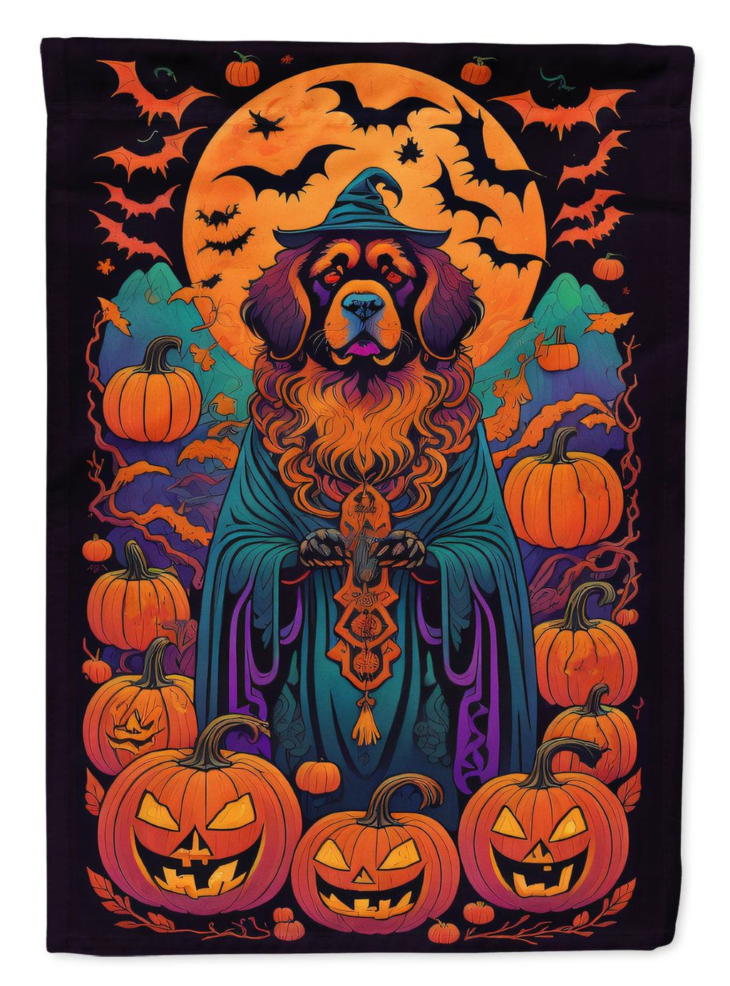 Tibetan Mastiff Witchy Halloween House Flag 28x40 Porch Sleeve Pole Decorative Outside Yard Banner Artwork Wall Hanging, Polyester