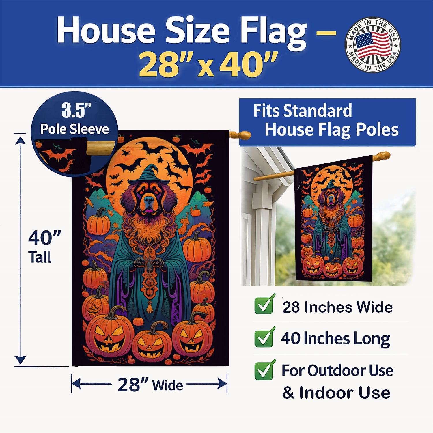 Tibetan Mastiff Witchy Halloween House Flag 28x40 Porch Sleeve Pole Decorative Outside Yard Banner Artwork Wall Hanging, Polyester