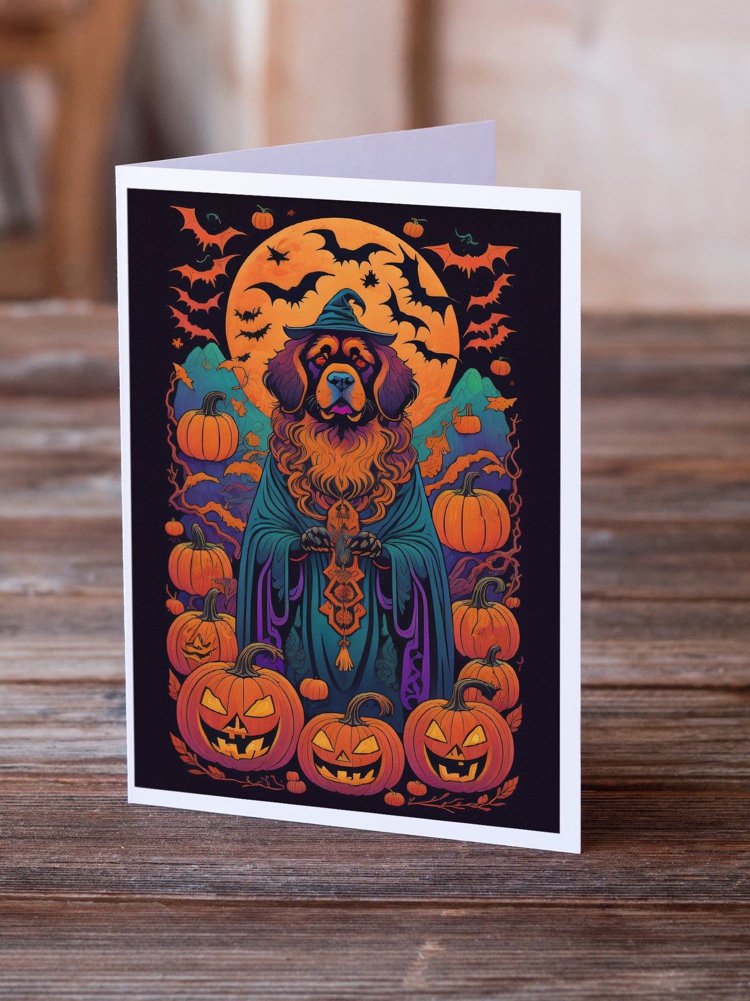 Tibetan Mastiff Witchy Halloween Greeting Cards Pack of 8 Blank Cards with Envelopes Whimsical A7 Size 5x7