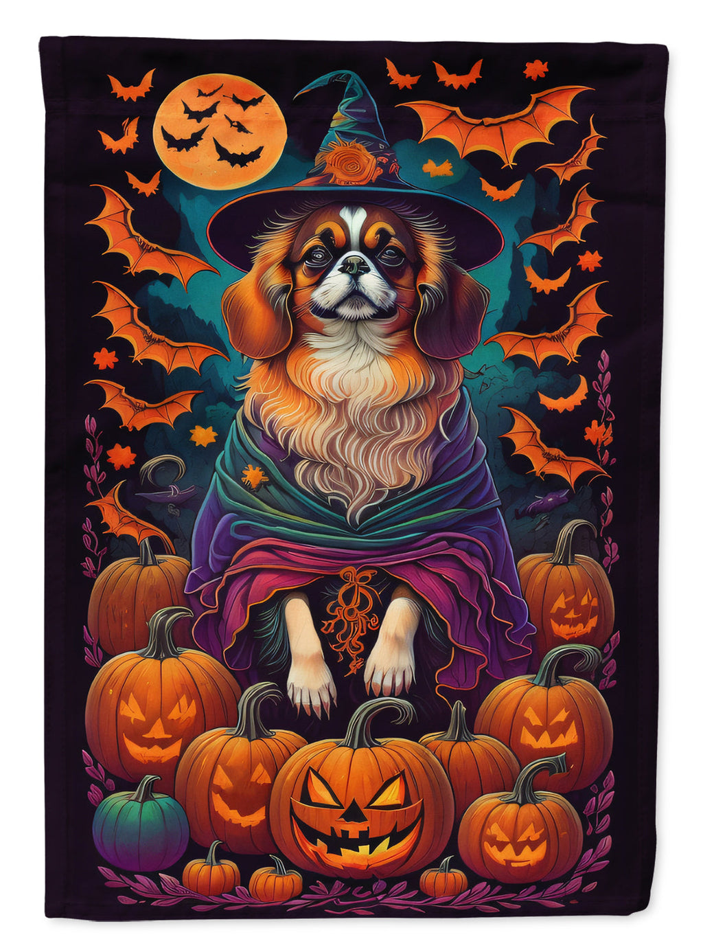 Tibetan Spaniel Witchy Halloween House Flag 28x40 Porch Sleeve Pole Decorative Outside Yard Banner Artwork Wall Hanging, Polyester