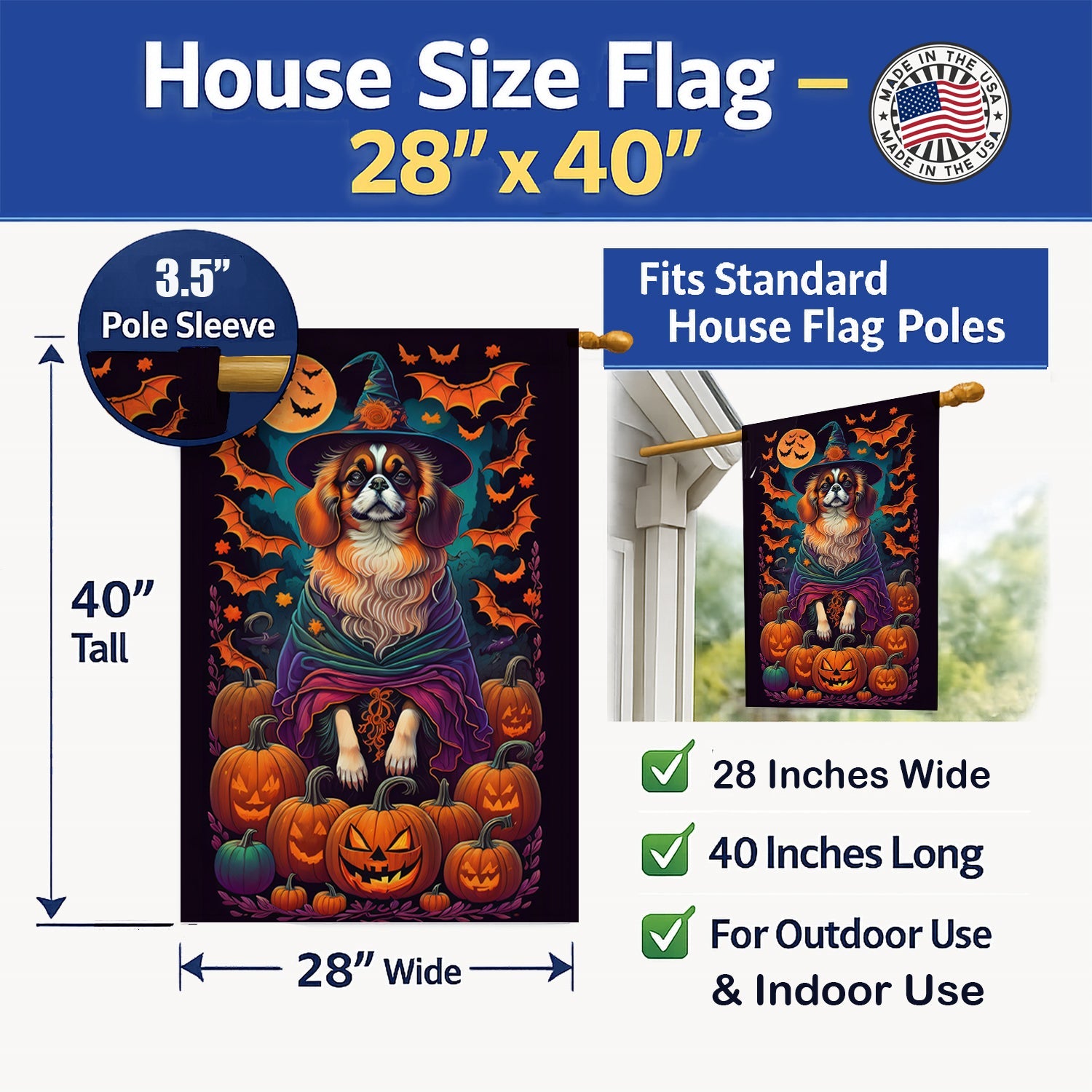 Tibetan Spaniel Witchy Halloween House Flag 28x40 Porch Sleeve Pole Decorative Outside Yard Banner Artwork Wall Hanging, Polyester