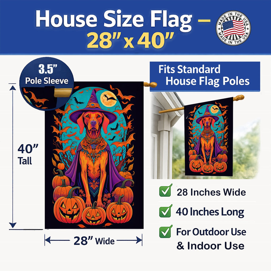 Vizsla Witchy Halloween House Flag 28x40 Porch Sleeve Pole Decorative Outside Yard Banner Artwork Wall Hanging, Polyester
