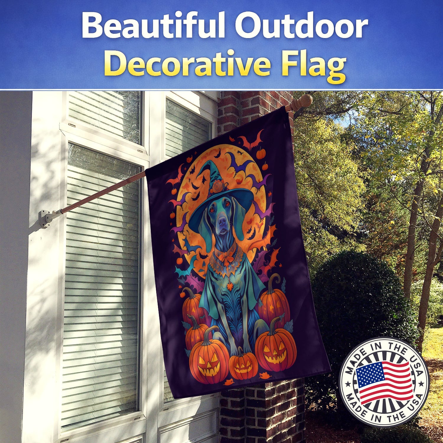 Weimaraner Witchy Halloween House Flag 28x40 Porch Sleeve Pole Decorative Outside Yard Banner Artwork Wall Hanging, Polyester