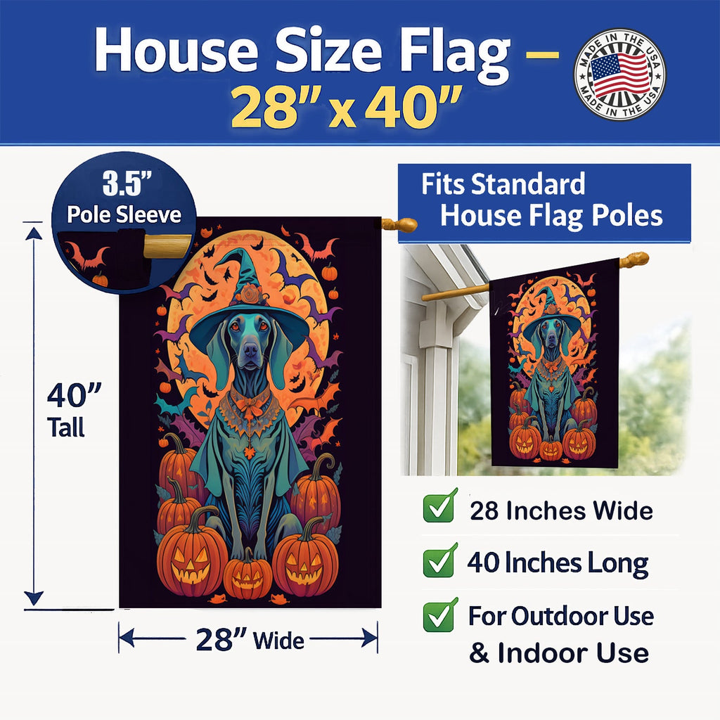 Weimaraner Witchy Halloween House Flag 28x40 Porch Sleeve Pole Decorative Outside Yard Banner Artwork Wall Hanging, Polyester