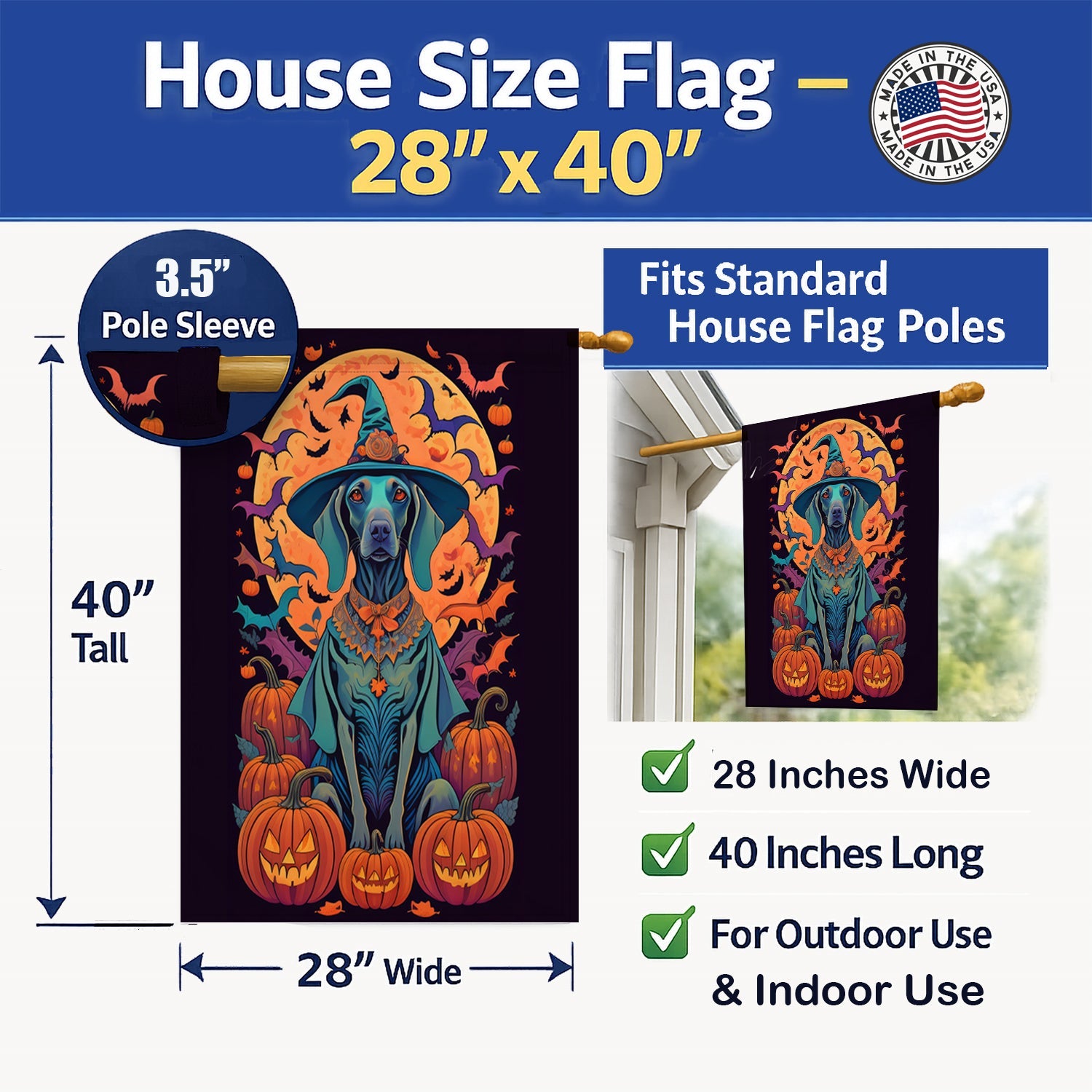 Weimaraner Witchy Halloween House Flag 28x40 Porch Sleeve Pole Decorative Outside Yard Banner Artwork Wall Hanging, Polyester