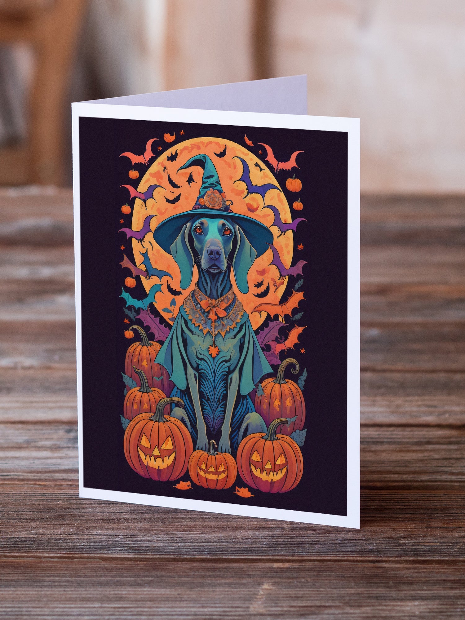 Weimaraner Witchy Halloween Greeting Cards Pack of 8 Blank Cards with Envelopes Whimsical A7 Size 5x7