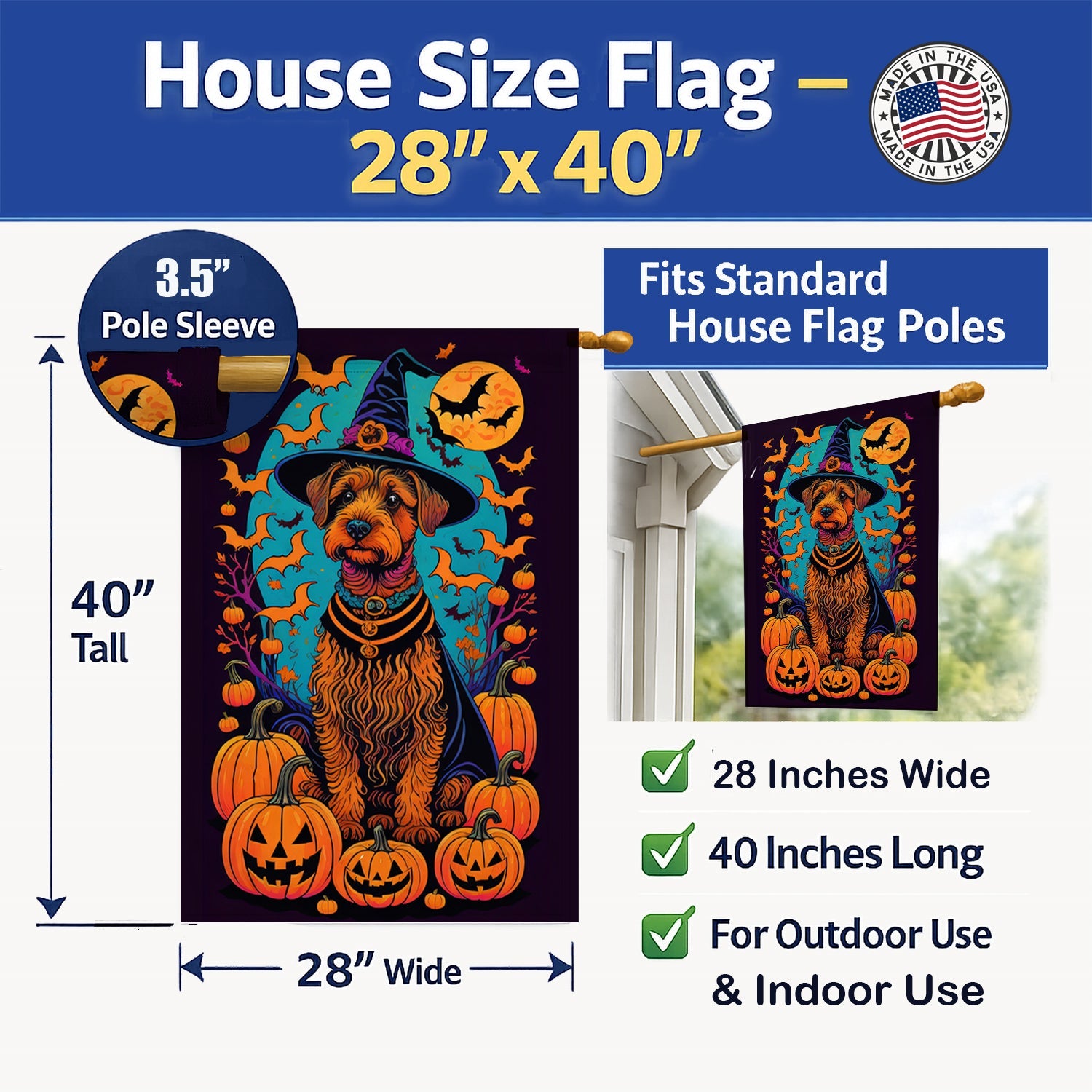 Welsh Terrier Witchy Halloween House Flag 28x40 Porch Sleeve Pole Decorative Outside Yard Banner Artwork Wall Hanging, Polyester