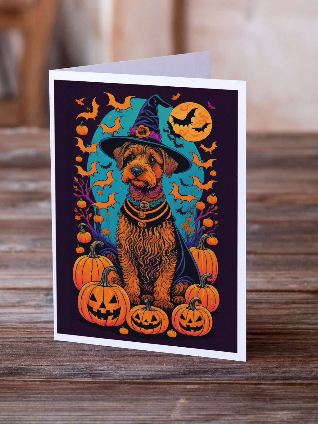 Welsh Terrier Witchy Halloween Greeting Cards Pack of 8 Blank Cards with Envelopes Whimsical A7 Size 5x7