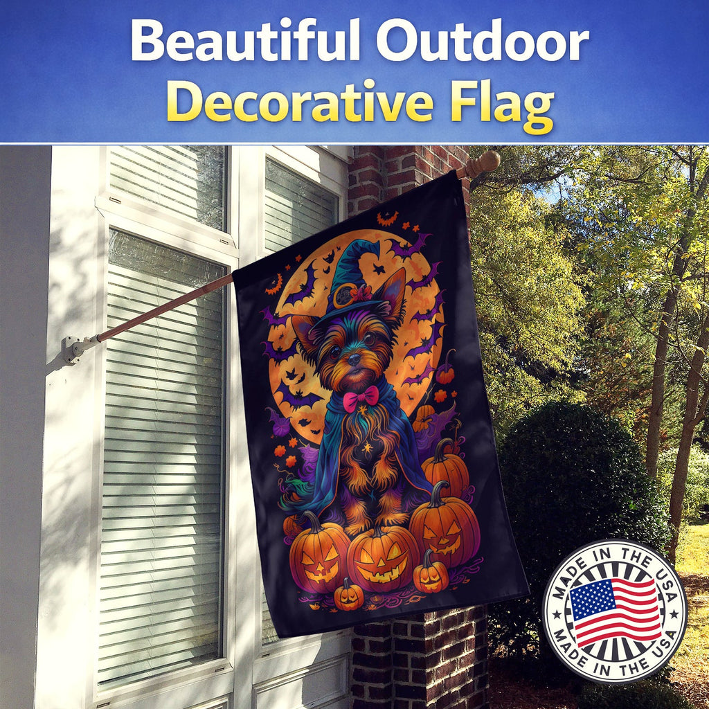 Yorkie Witchy Halloween House Flag 28x40 Porch Sleeve Pole Decorative Outside Yard Banner Artwork Wall Hanging, Polyester