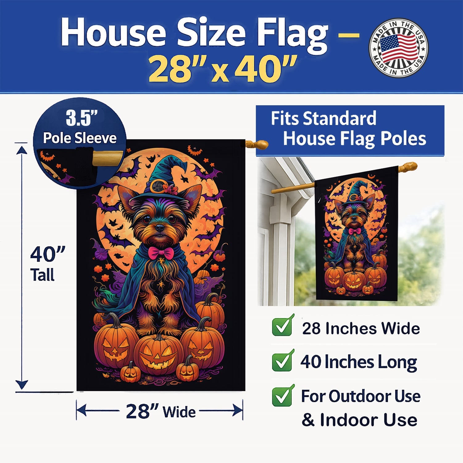 Yorkie Witchy Halloween House Flag 28x40 Porch Sleeve Pole Decorative Outside Yard Banner Artwork Wall Hanging, Polyester