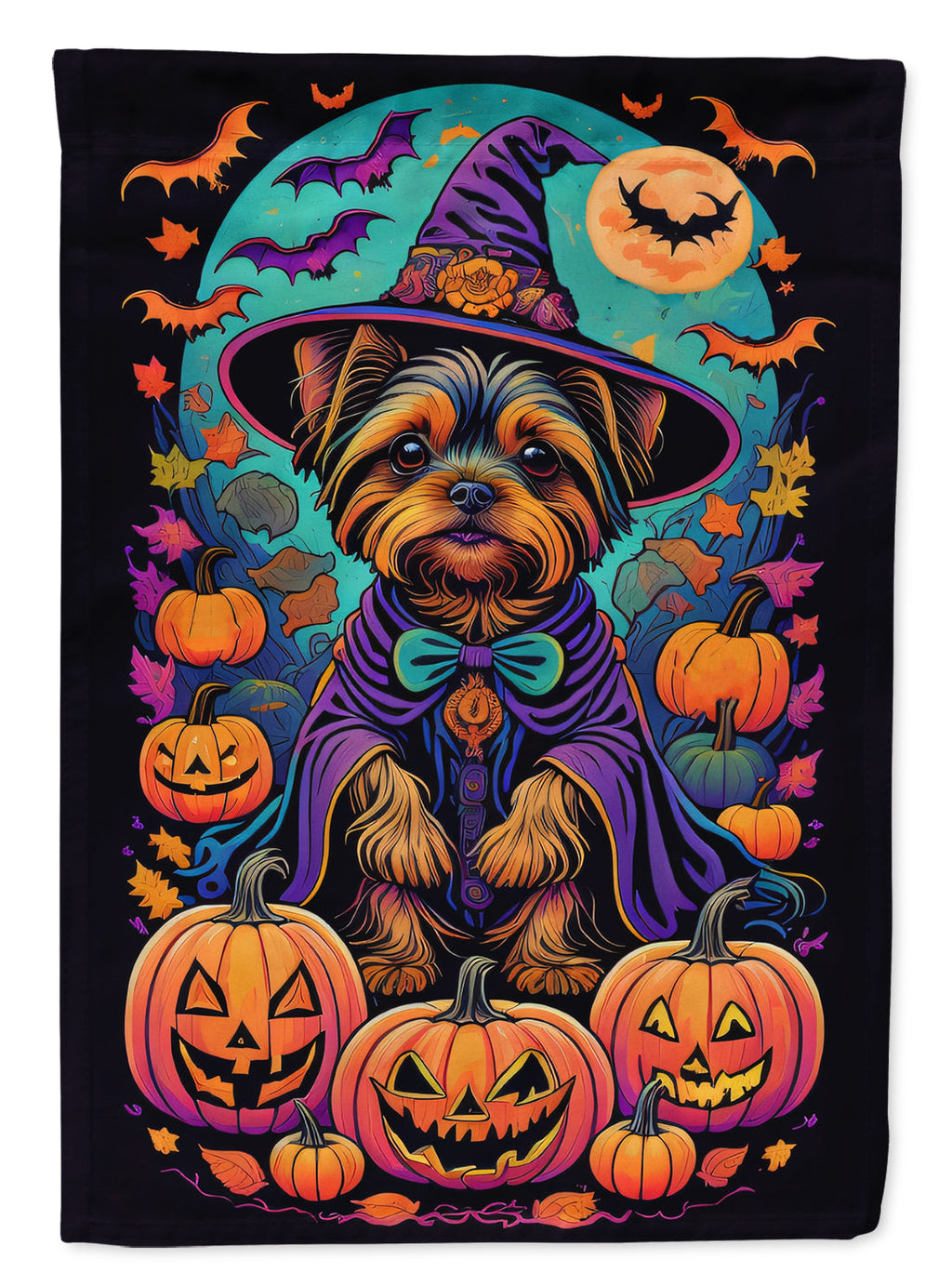 Yorkie Witchy Halloween House Flag 28x40 Porch Sleeve Pole Decorative Outside Yard Banner Artwork Wall Hanging, Polyester