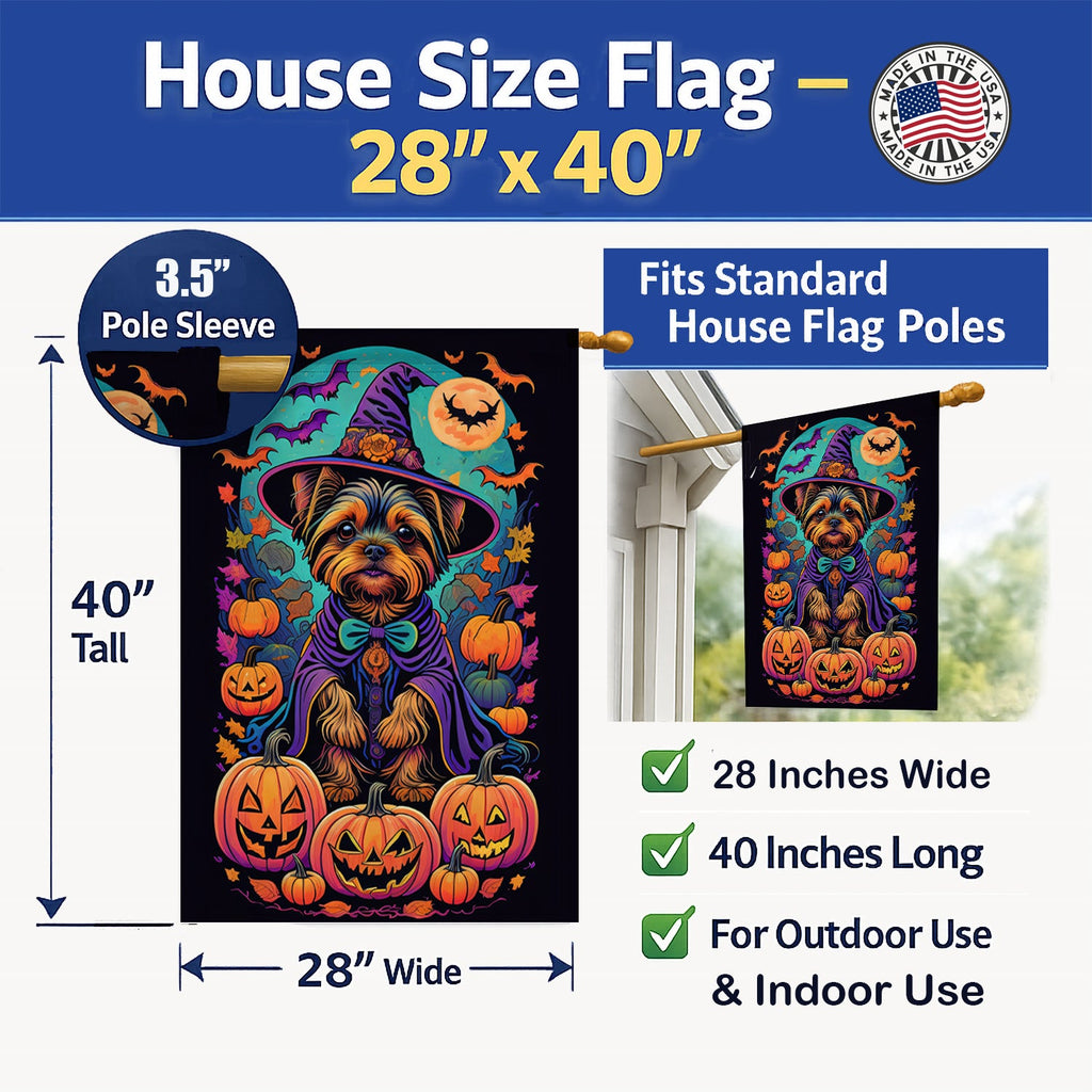 Yorkie Witchy Halloween House Flag 28x40 Porch Sleeve Pole Decorative Outside Yard Banner Artwork Wall Hanging, Polyester