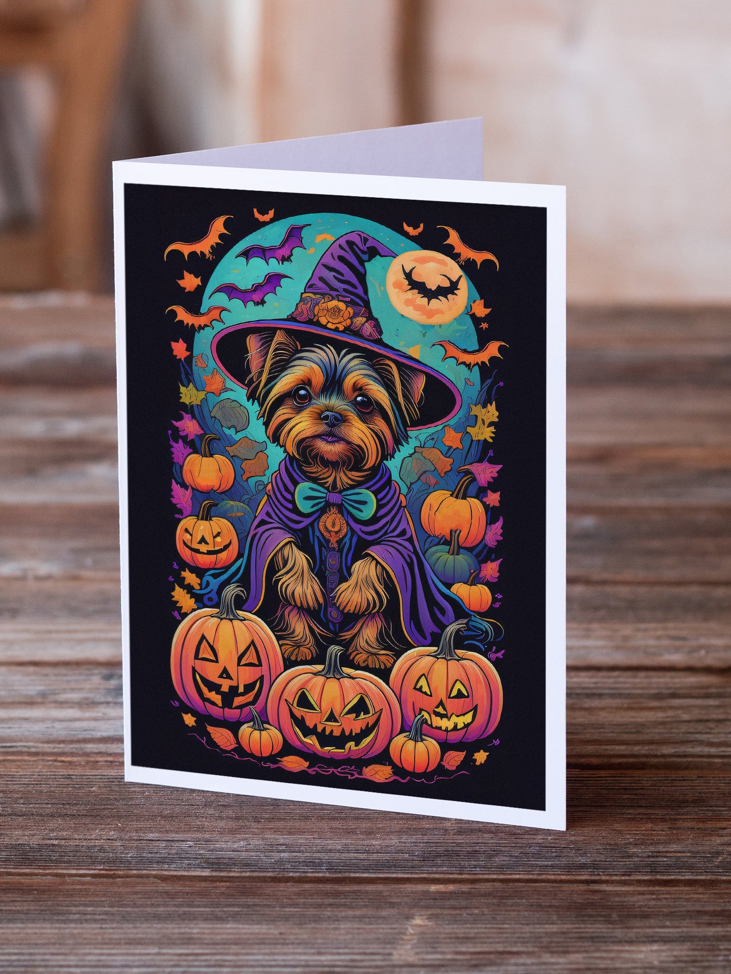 Yorkie Witchy Halloween Greeting Cards Pack of 8 Blank Cards with Envelopes Whimsical A7 Size 5x7