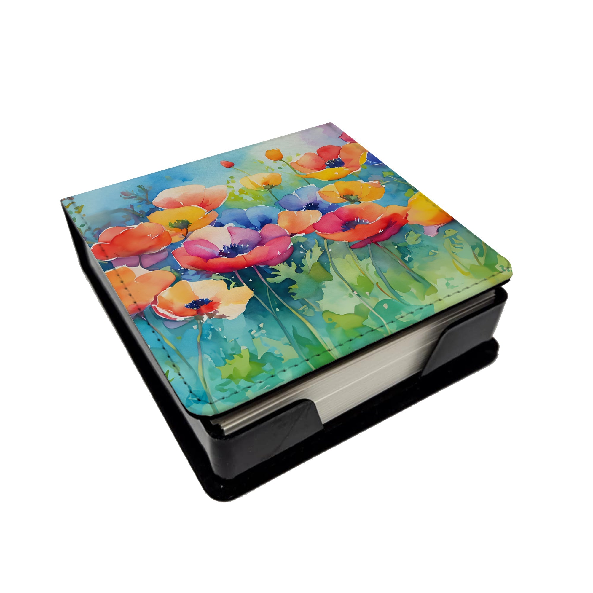 Anemones in Watercolor PU Leather Note Paper Holder with Artist-Designed Cover, Desk Accessory, Office Gift