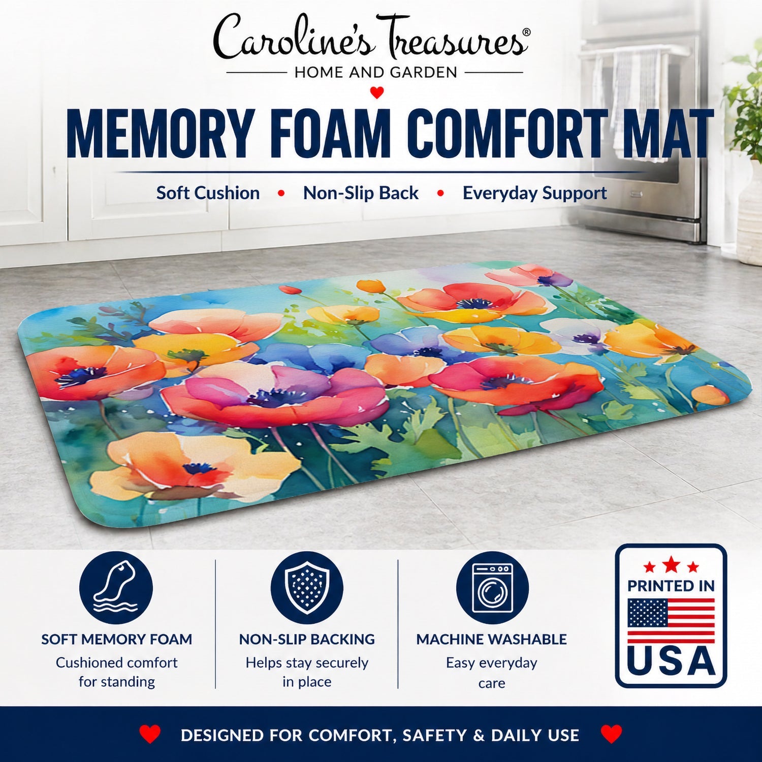 Anemones in Watercolor Memory Foam Kitchen Mat Machine Washable Anti-Fatigue Cushion Comfort Bath or Kitchen Rug