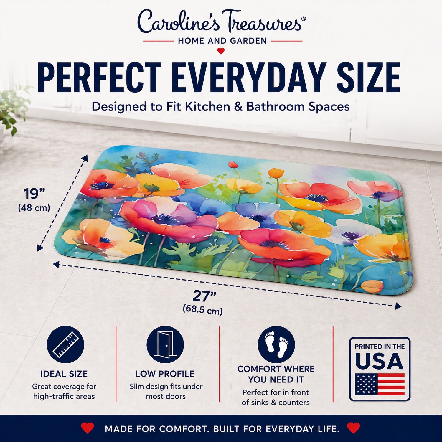 Anemones in Watercolor Memory Foam Kitchen Mat Machine Washable Anti-Fatigue Cushion Comfort Bath or Kitchen Rug