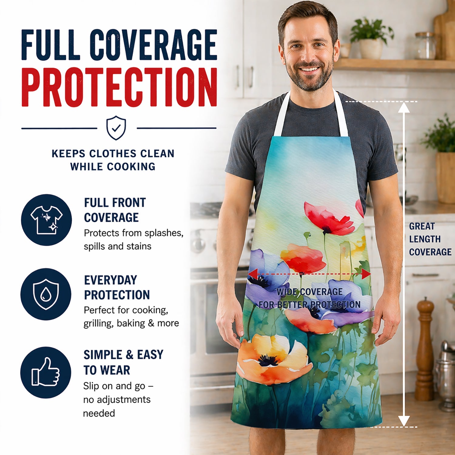 Anemones in Watercolor Apron Cooking Kitchen Server Baking Crafts Gardening for Adult Women Men, Unisex, Large, Multicolor