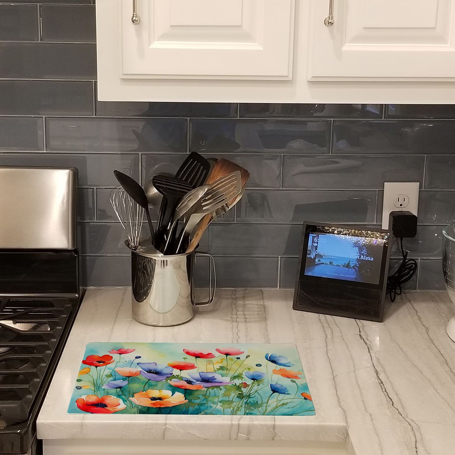 Anemones in Watercolor Cutting Board Tempered Glass Kitchen Cutting Surface, Heat Resistant Chopping, Non-Slip Feet, Food Prep & Serving