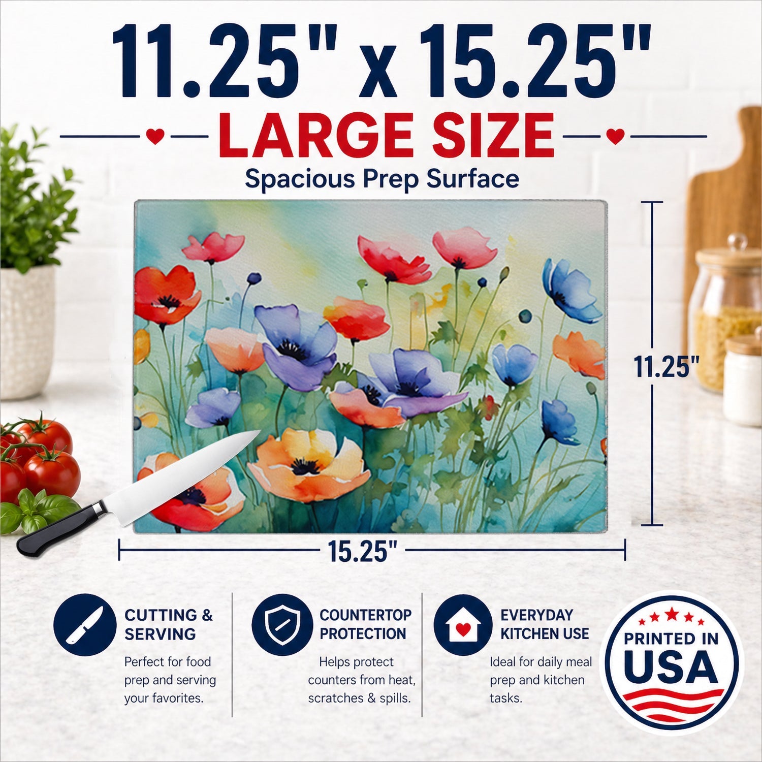 Anemones in Watercolor Cutting Board Tempered Glass Kitchen Cutting Surface, Heat Resistant Chopping, Non-Slip Feet, Food Prep & Serving