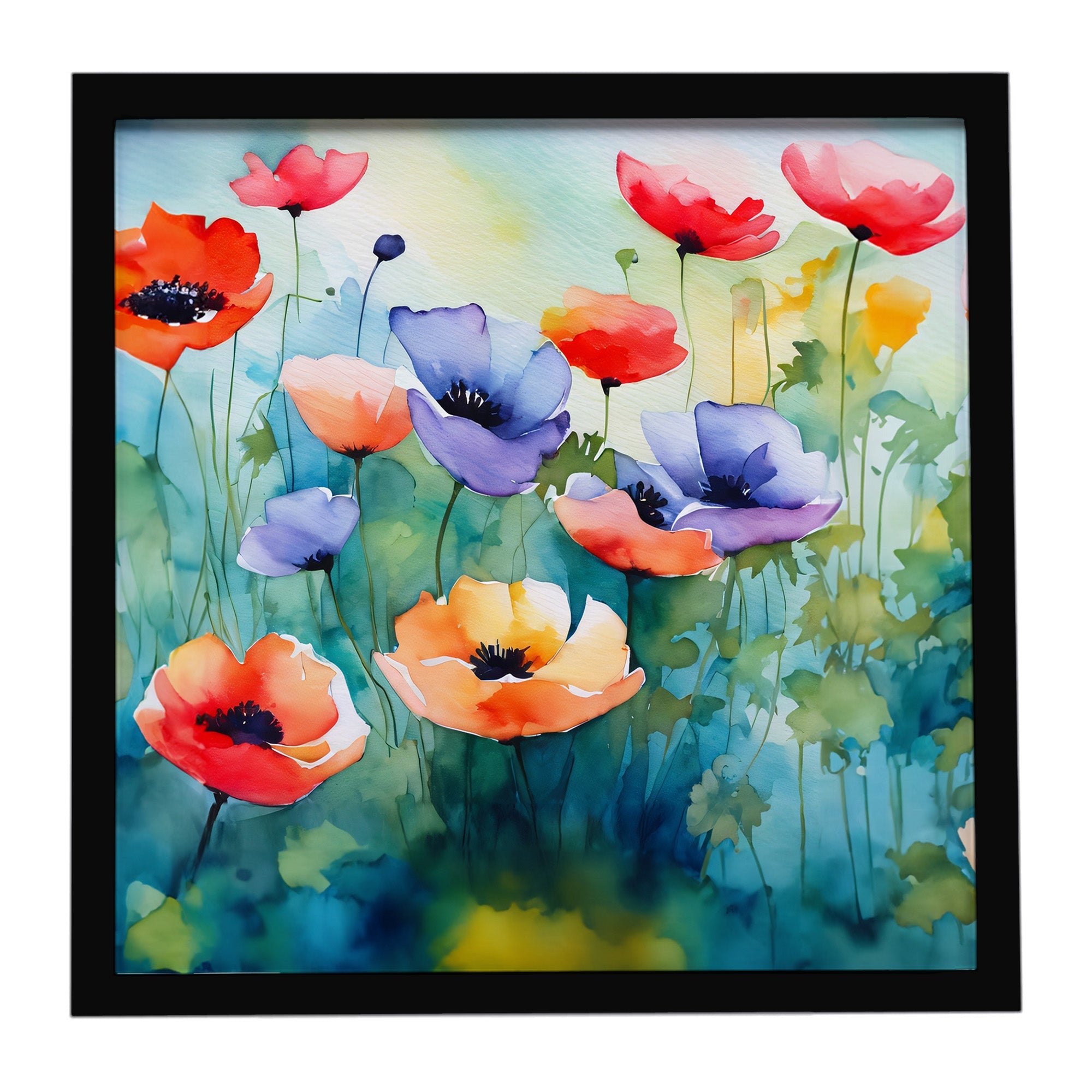 Anemones in Watercolor Framed Metal Print Bathroom, Kitchen, Office, Home Decor Wall Art Ready to Hang, Square, 8X8