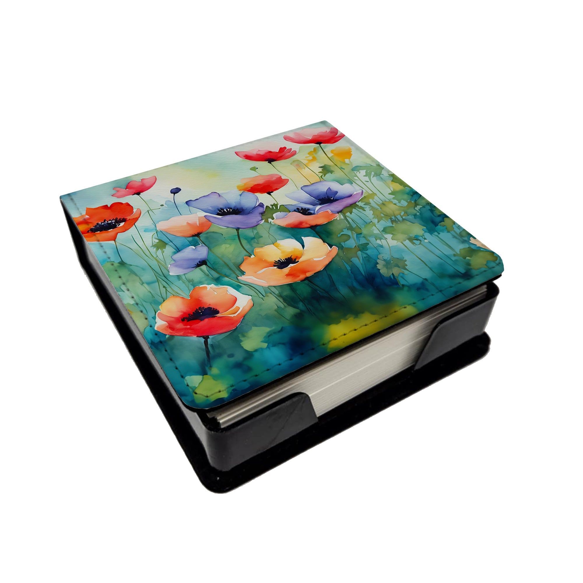 Anemones in Watercolor PU Leather Note Paper Holder with Artist-Designed Cover, Desk Accessory, Office Gift