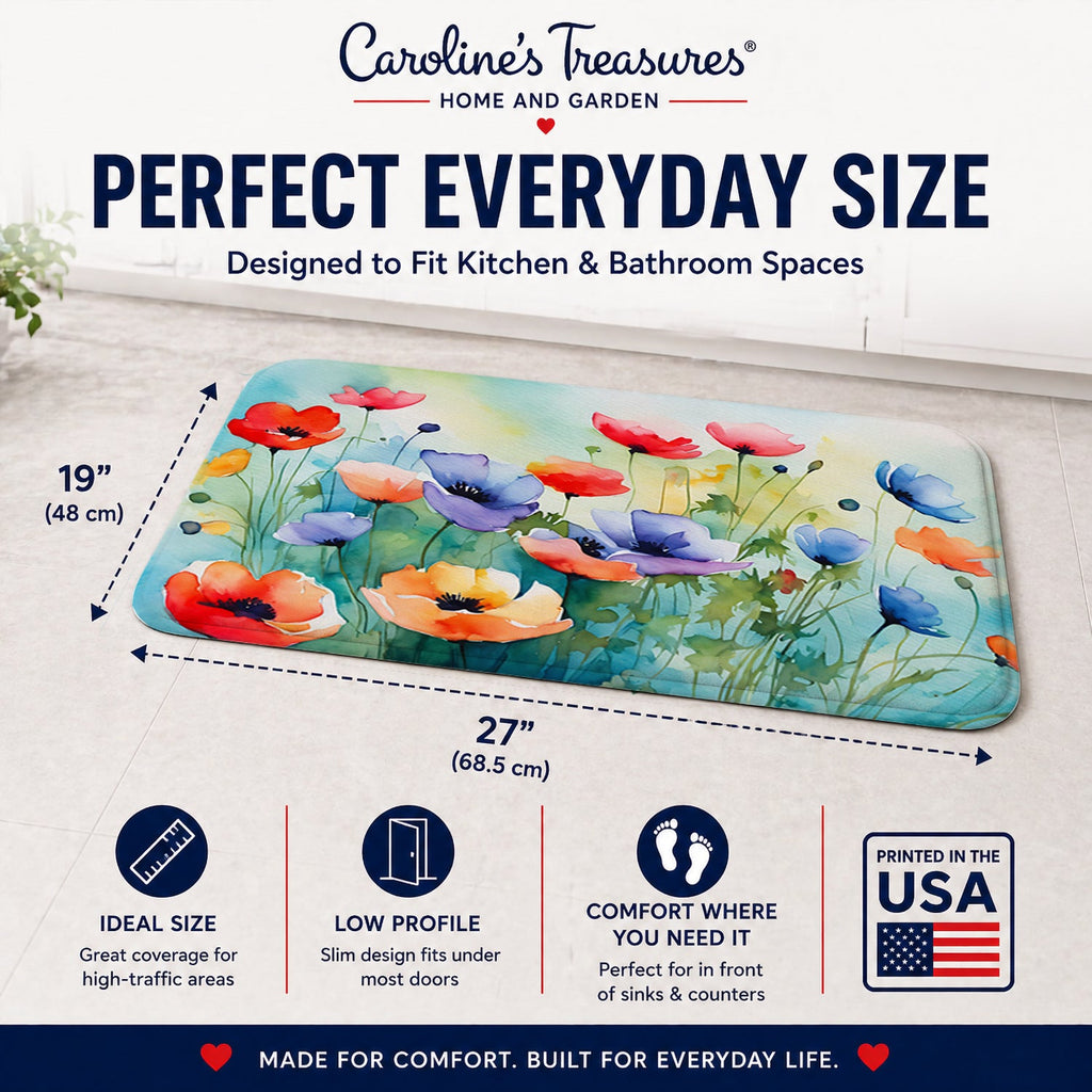 Anemones in Watercolor Memory Foam Kitchen Mat Machine Washable Anti-Fatigue Cushion Comfort Bath or Kitchen Rug