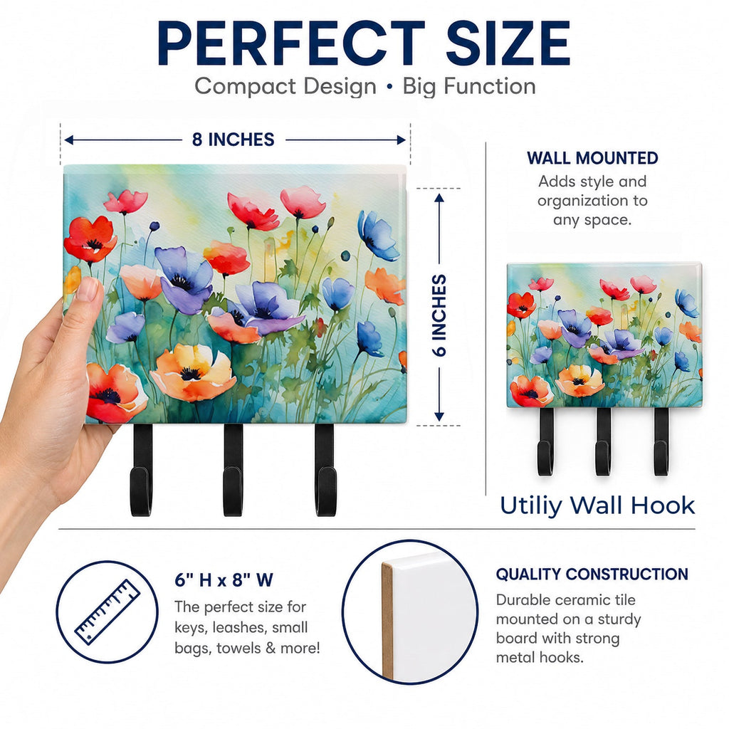 Anemones in Watercolor Leash or Key Holder Wall Hooks, Coat Rack Wall Mount, for Hanging Keys, Towels, Aprons, Leashes