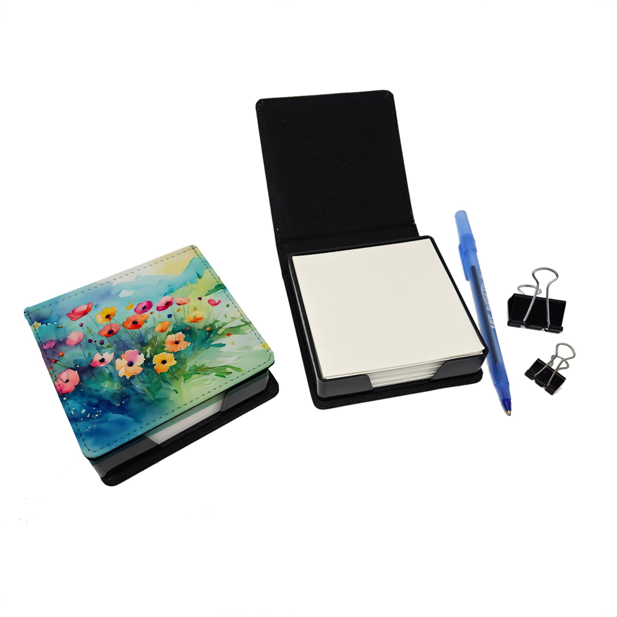 Anemones in Watercolor PU Leather Note Paper Holder with Artist-Designed Cover, Desk Accessory, Office Gift