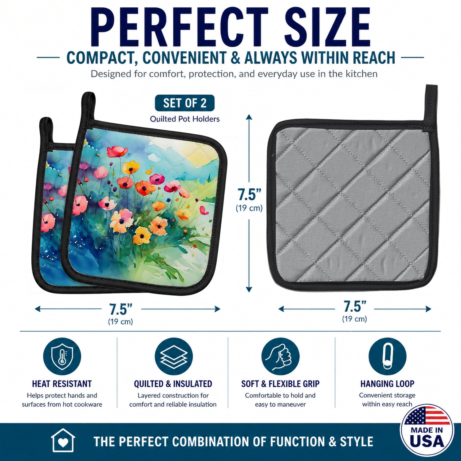 Anemones in Watercolor Pot Holder Set of 2 Heat Resistant Quilted Hot Pads 7.5 x 7.5 Inch, Insulated Kitchen Trivets for Cooking & Baking