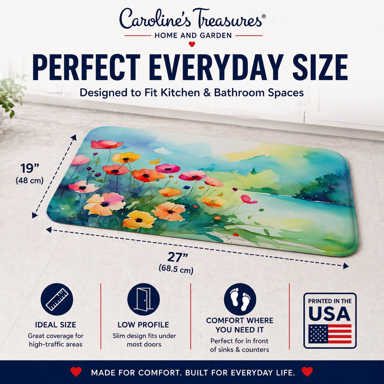 Anemones in Watercolor Memory Foam Kitchen Mat Machine Washable Anti-Fatigue Cushion Comfort Bath or Kitchen Rug