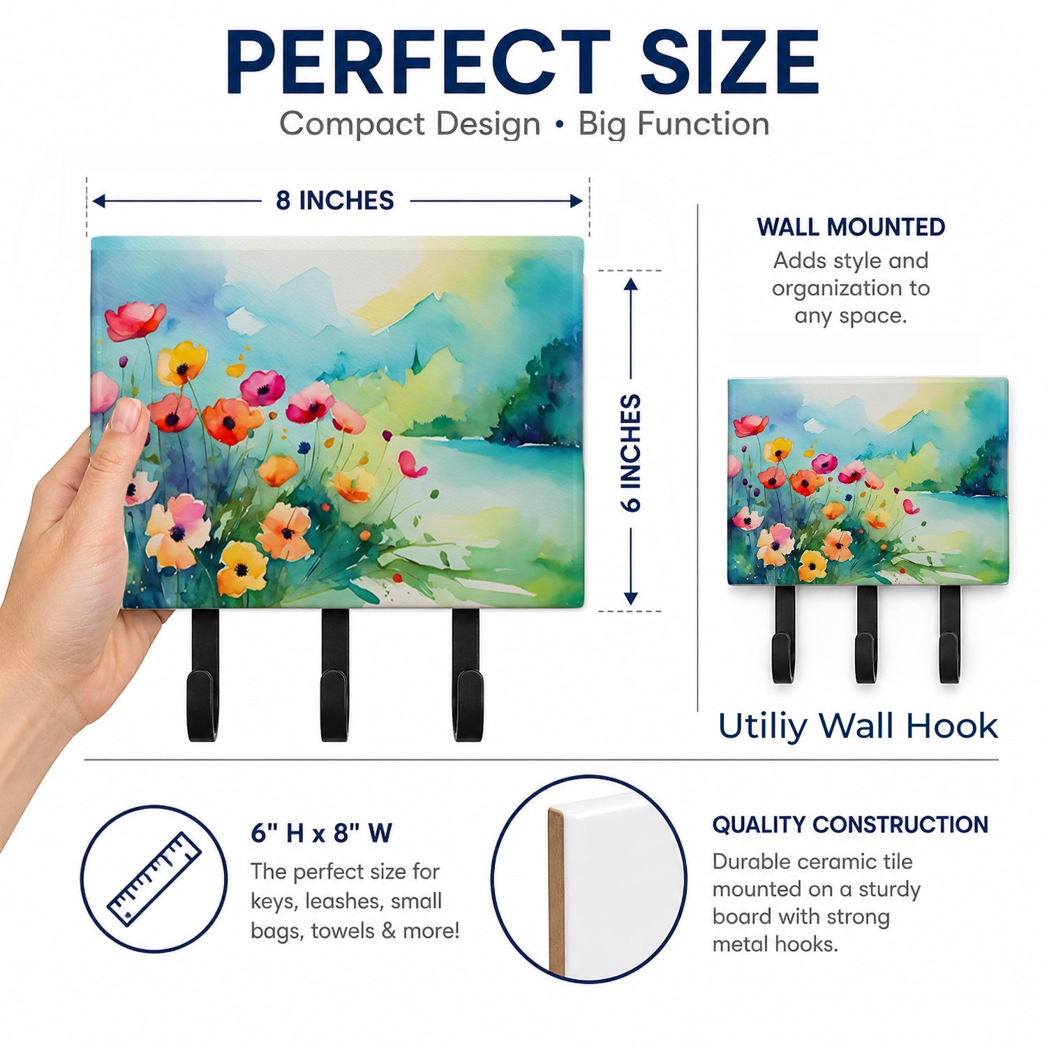 Anemones in Watercolor Leash or Key Holder Wall Hooks, Coat Rack Wall Mount, for Hanging Keys, Towels, Aprons, Leashes