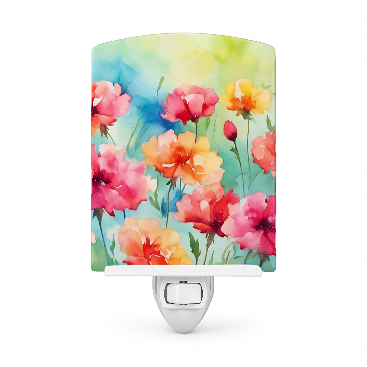 Carnations in Watercolor Ceramic Night Light Compact, UL-Certified, Ideal for Bedroom, Bathroom, Nursery, Hallway, Kitchen, 6x4x3, Multicolor